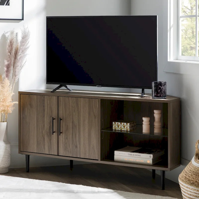 Meuble TV d'angle pour téléviseurs jusqu'à 55" | Gris Ardoise / Bouleau / Noyer Foncé | 2 portes