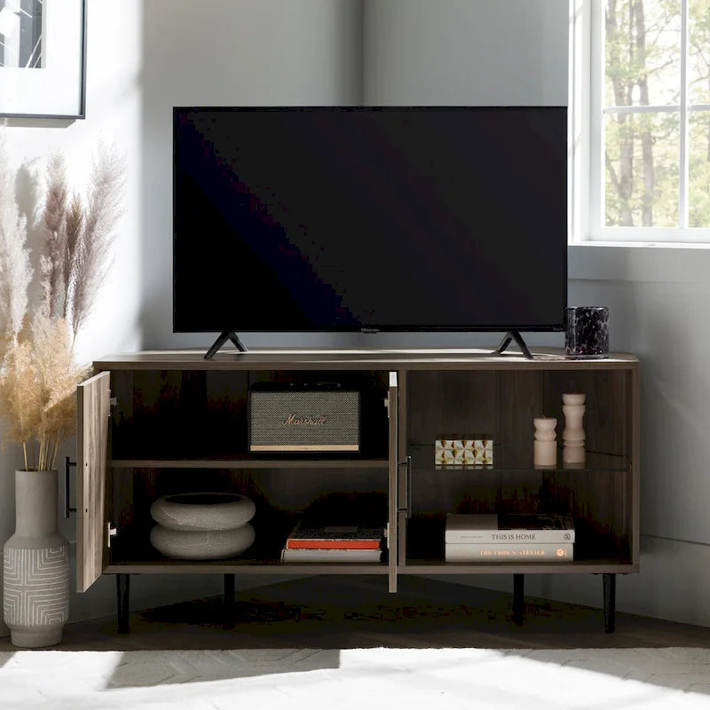 Meuble TV d'angle pour téléviseurs jusqu'à 55" | Gris Ardoise / Bouleau / Noyer Foncé | 2 portes