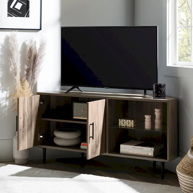 Meuble TV d'angle pour téléviseurs jusqu'à 55" | Gris Ardoise / Bouleau / Noyer Foncé | 2 portes