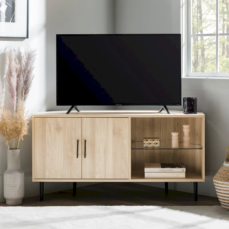 Meuble TV d'angle pour téléviseurs jusqu'à 55" | Gris Ardoise / Bouleau / Noyer Foncé | 2 portes