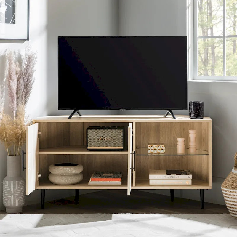 Meuble TV d'angle pour téléviseurs jusqu'à 55" | Gris Ardoise / Bouleau / Noyer Foncé | 2 portes