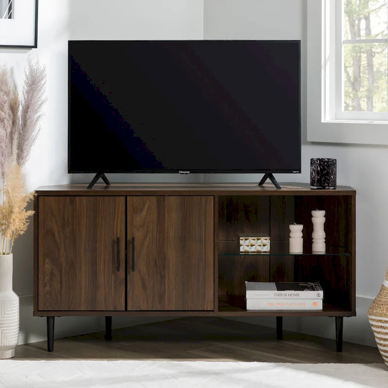 Meuble TV d'angle pour téléviseurs jusqu'à 55" | Gris Ardoise / Bouleau / Noyer Foncé | 2 portes