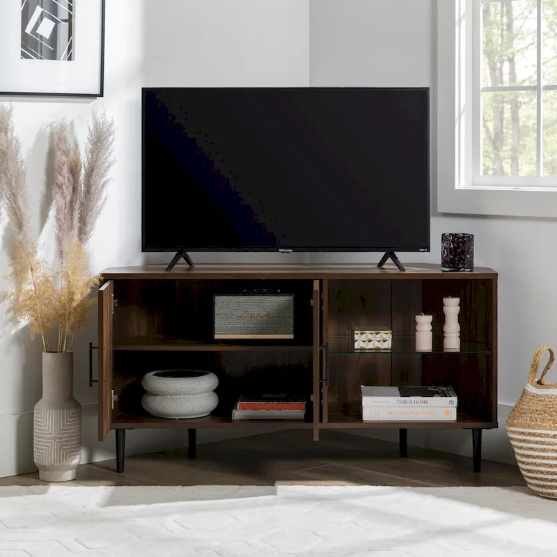Meuble TV d'angle pour téléviseurs jusqu'à 55" | Gris Ardoise / Bouleau / Noyer Foncé | 2 portes