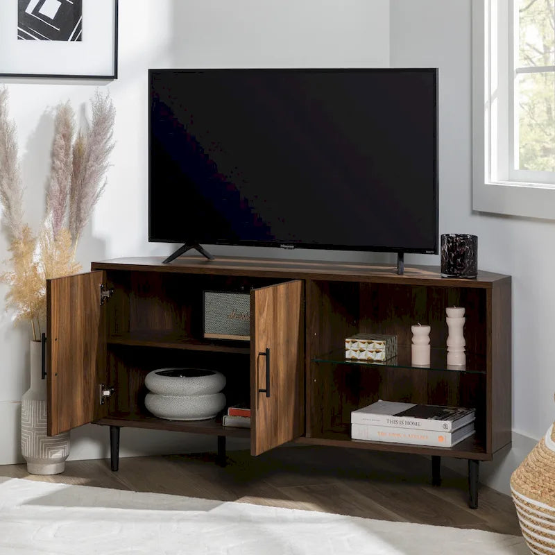 Meuble TV d'angle pour téléviseurs jusqu'à 55" | Gris Ardoise / Bouleau / Noyer Foncé | 2 portes