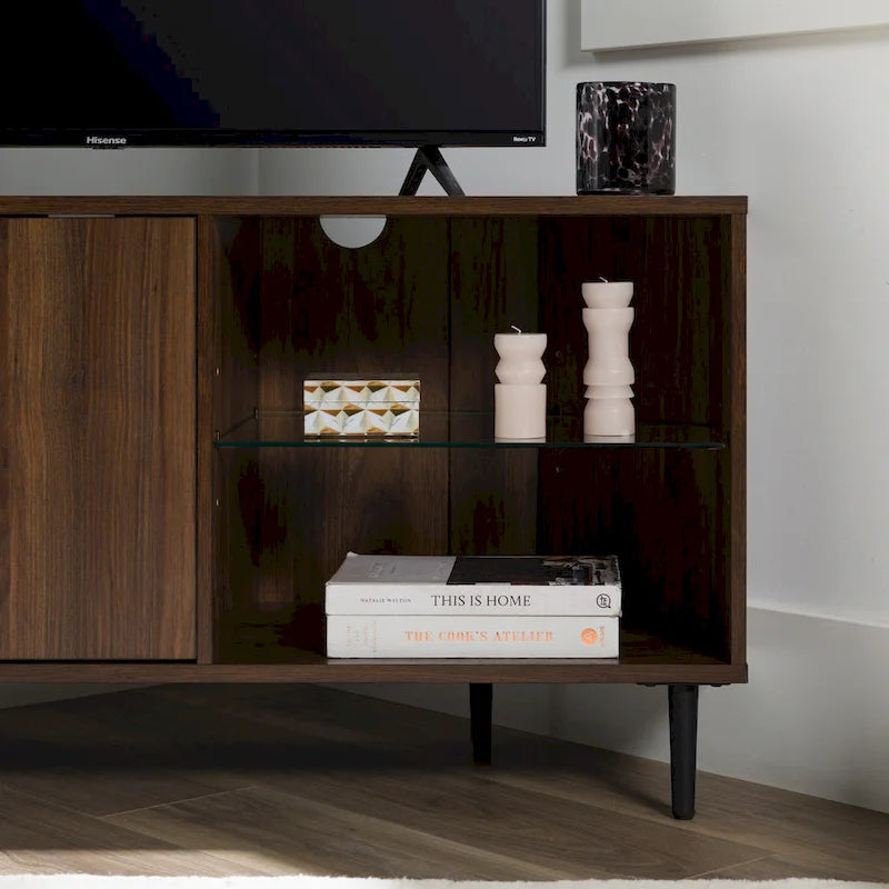 Meuble TV d'angle pour téléviseurs jusqu'à 55" | Gris Ardoise / Bouleau / Noyer Foncé | 2 portes