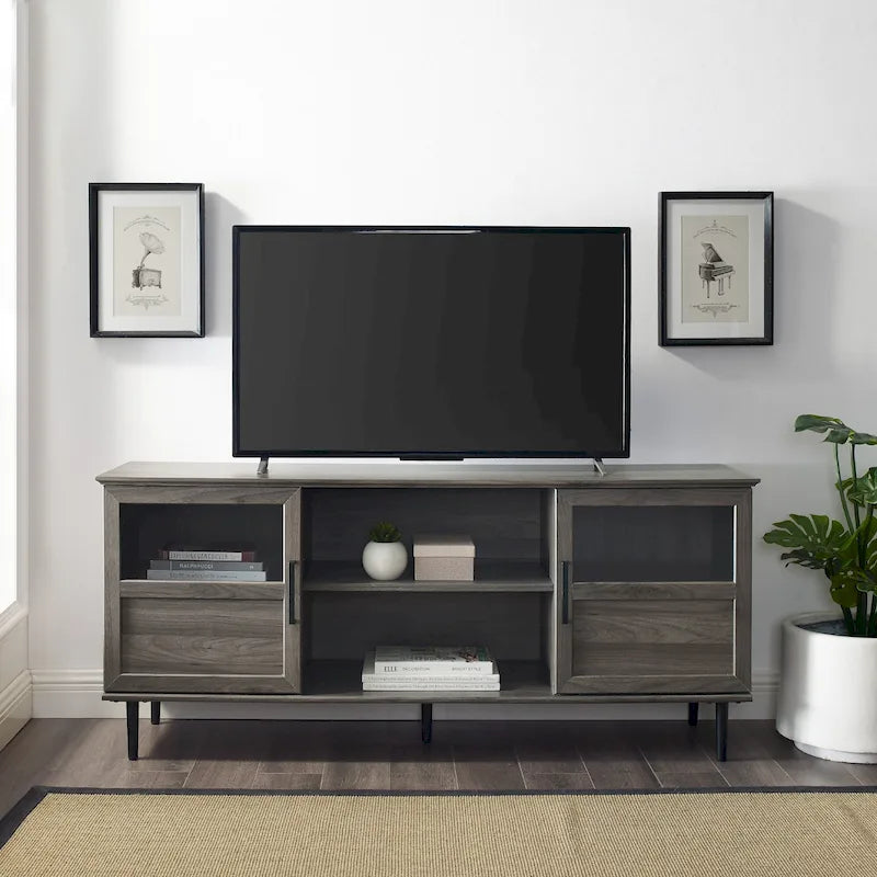 Meuble TV 2 portes 58", Chêne rustique / Gris ardoise / Noyer foncé, Convient aux téléviseurs jusqu'à 65"