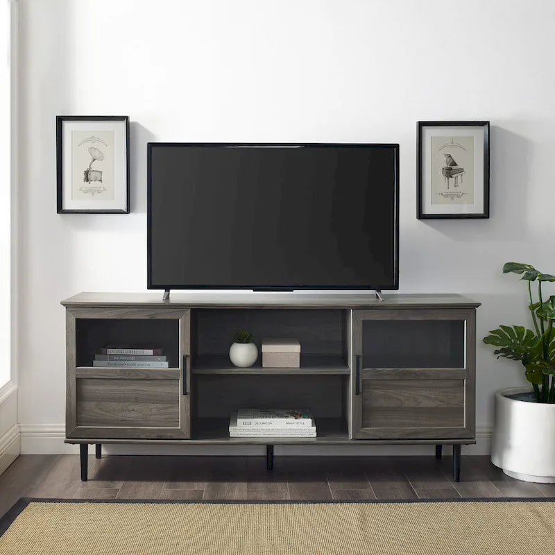 Meuble TV 2 portes 58", Chêne rustique / Gris ardoise / Noyer foncé, Convient aux téléviseurs jusqu'à 65"
