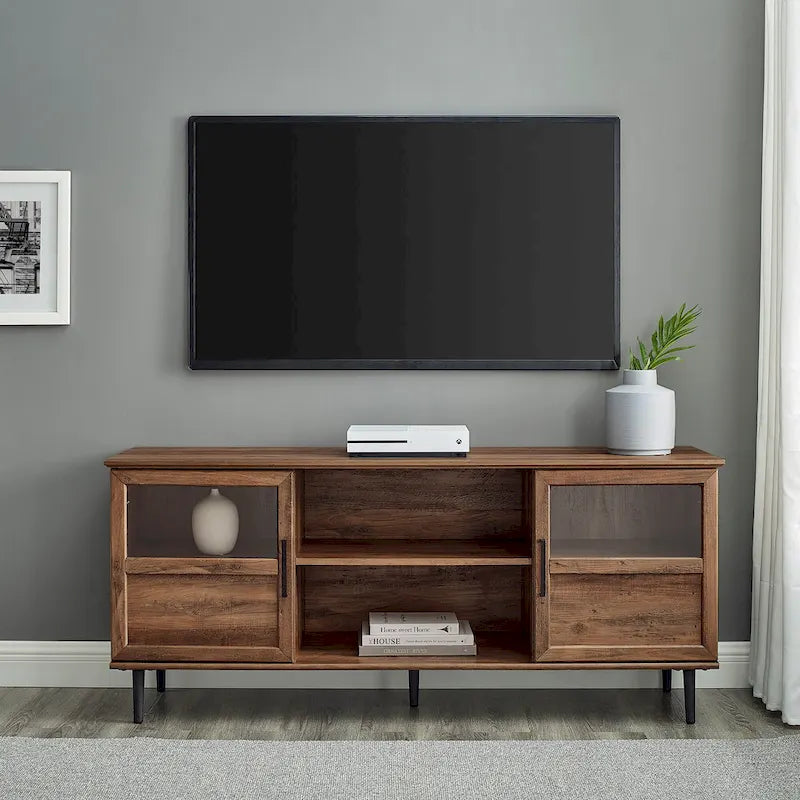 Meuble TV 2 portes 58", Chêne rustique / Gris ardoise / Noyer foncé, Convient aux téléviseurs jusqu'à 65"