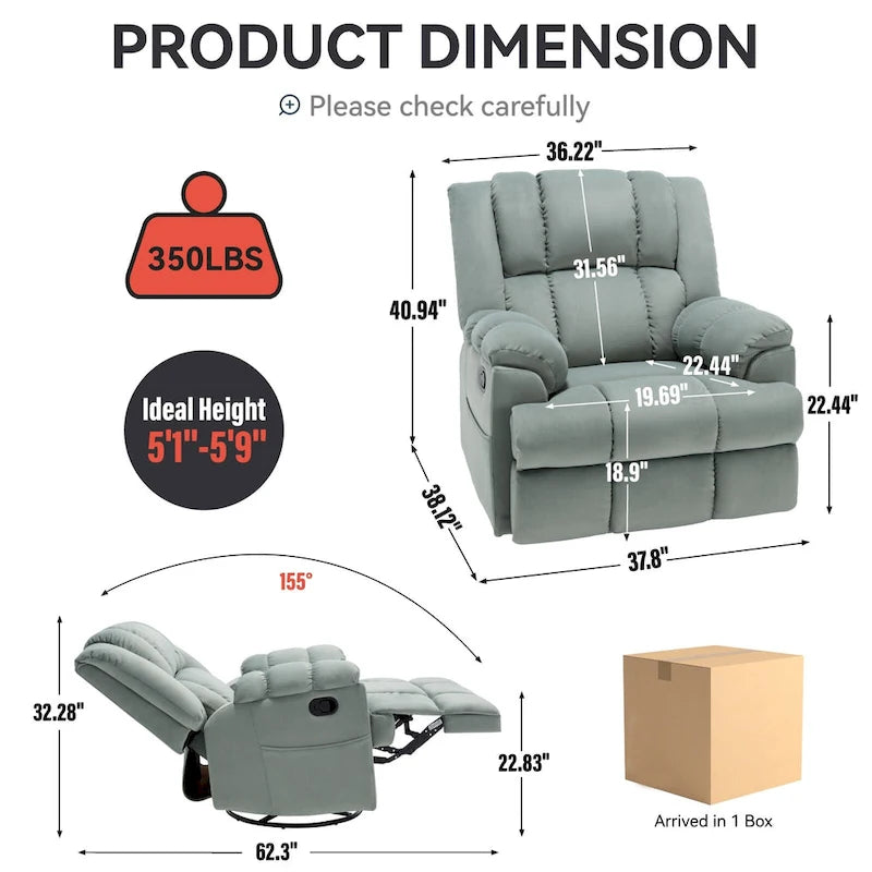 Fauteuil inclinable, pivotant et berçant surdimensionné beige/bleu/vert, pivotant à 360°, inclinable à 155°, une place
