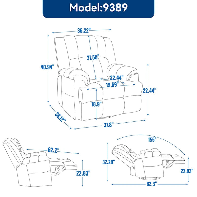 Fauteuil inclinable, pivotant et berçant surdimensionné beige/bleu/vert, pivotant à 360°, inclinable à 155°, une place
