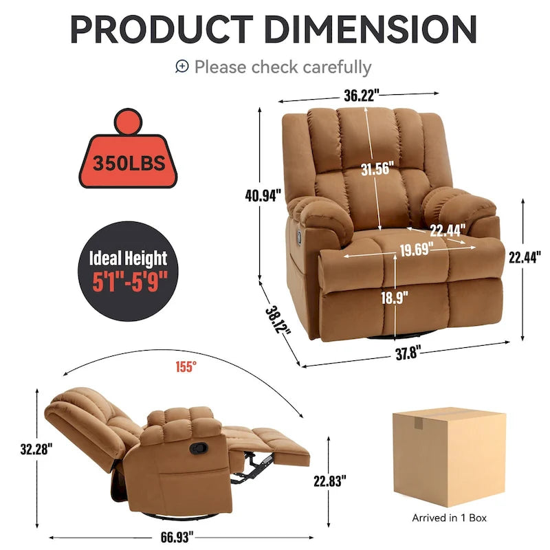 Fauteuil inclinable, pivotant et berçant surdimensionné beige/bleu/vert, pivotant à 360°, inclinable à 155°, une place