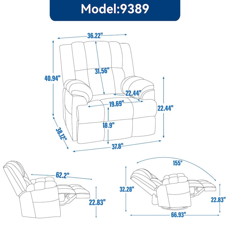 Fauteuil inclinable, pivotant et berçant surdimensionné beige/bleu/vert, pivotant à 360°, inclinable à 155°, une place