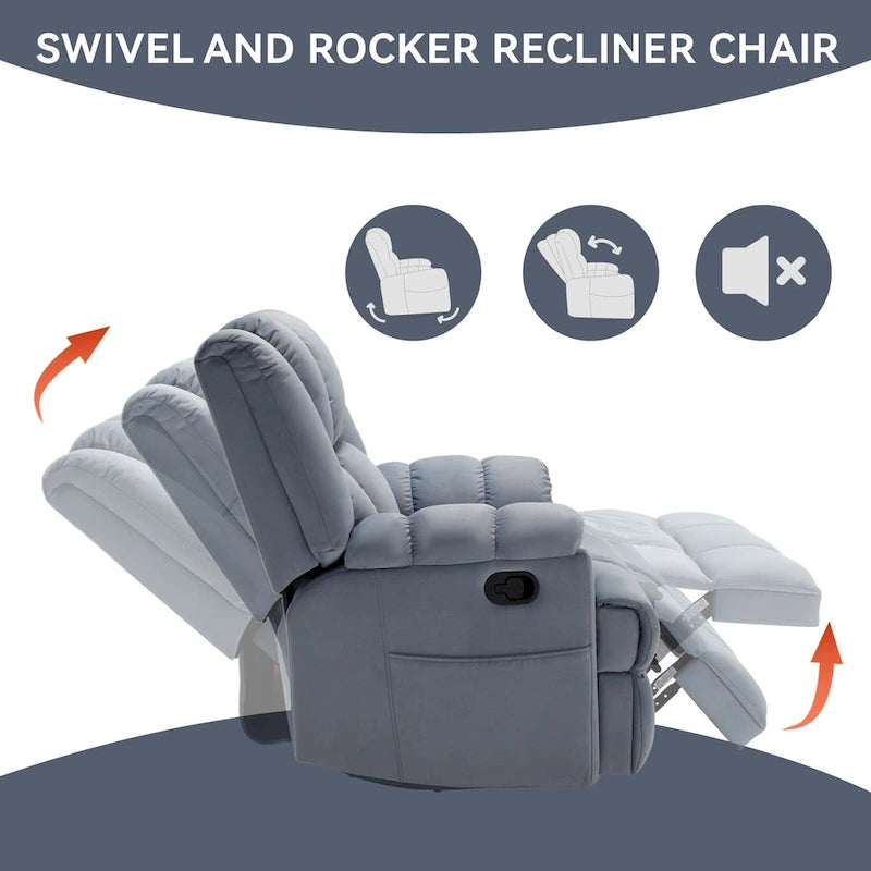 Fauteuil inclinable, pivotant et berçant surdimensionné beige/bleu/vert, pivotant à 360°, inclinable à 155°, une place
