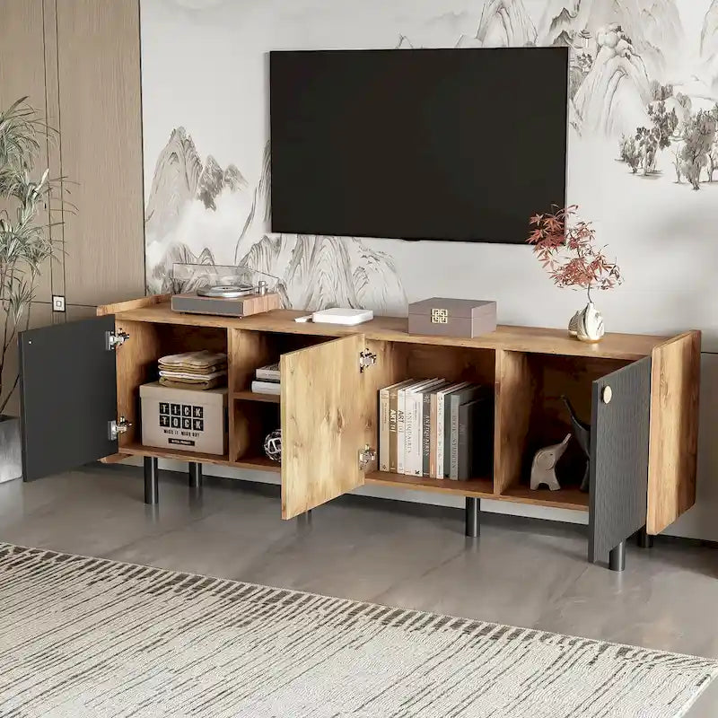 Meuble TV noir et marron, convient aux téléviseurs jusqu'à 70", 3 placards + 2 étagères ouvertes