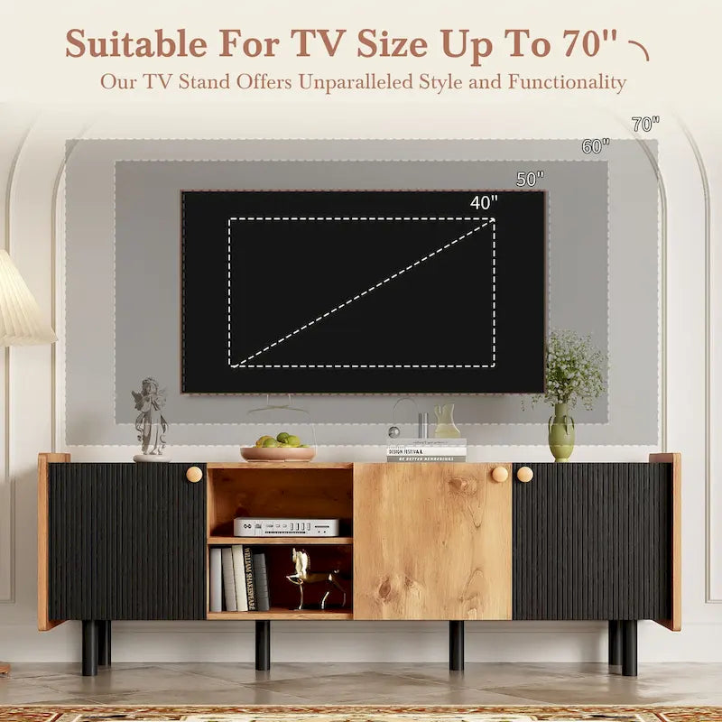 Meuble TV noir et marron, convient aux téléviseurs jusqu'à 70", 3 placards + 2 étagères ouvertes