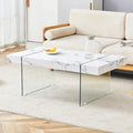 Table basse rectangulaire, blanc/bois/noir, pieds en verre trempé, plateau en MDF, 1 personne