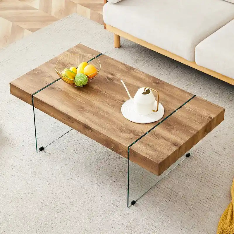 Table basse rectangulaire, blanc/bois/noir, pieds en verre trempé, plateau en MDF, 1 personne