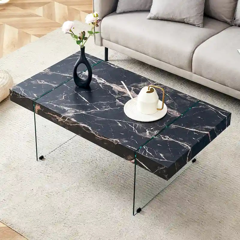 Table basse rectangulaire, blanc/bois/noir, pieds en verre trempé, plateau en MDF, 1 personne