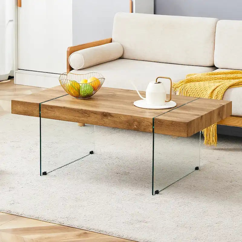 Table basse rectangulaire, blanc/bois/noir, pieds en verre trempé, plateau en MDF, 1 personne