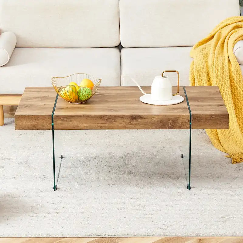 Table basse rectangulaire, blanc/bois/noir, pieds en verre trempé, plateau en MDF, 1 personne