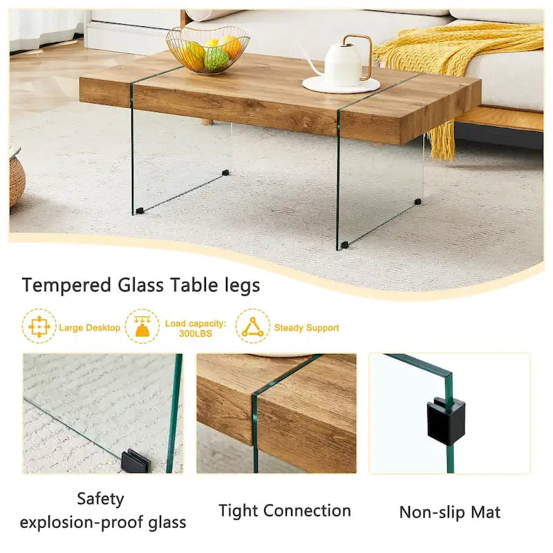 Table basse rectangulaire, blanc/bois/noir, pieds en verre trempé, plateau en MDF, 1 personne