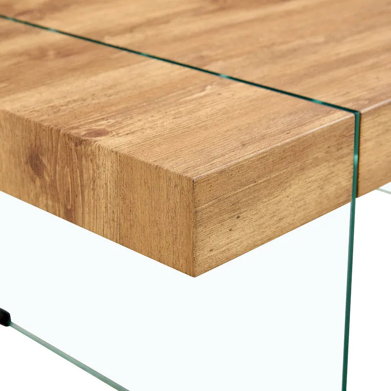 Table basse rectangulaire, blanc/bois/noir, pieds en verre trempé, plateau en MDF, 1 personne