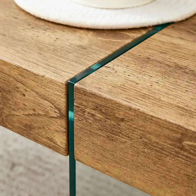 Table basse rectangulaire, blanc/bois/noir, pieds en verre trempé, plateau en MDF, 1 personne