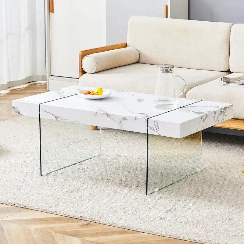 Table basse rectangulaire, blanc/bois/noir, pieds en verre trempé, plateau en MDF, 1 personne