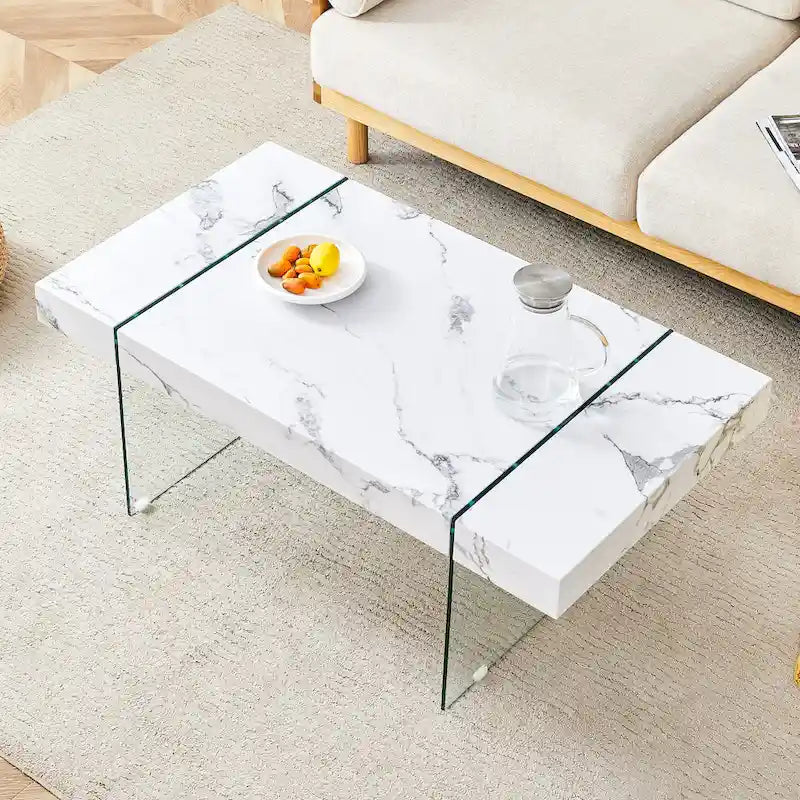 Table basse rectangulaire, blanc/bois/noir, pieds en verre trempé, plateau en MDF, 1 personne
