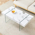 Table basse rectangulaire, blanc/bois/noir, pieds en verre trempé, plateau en MDF, 1 personne