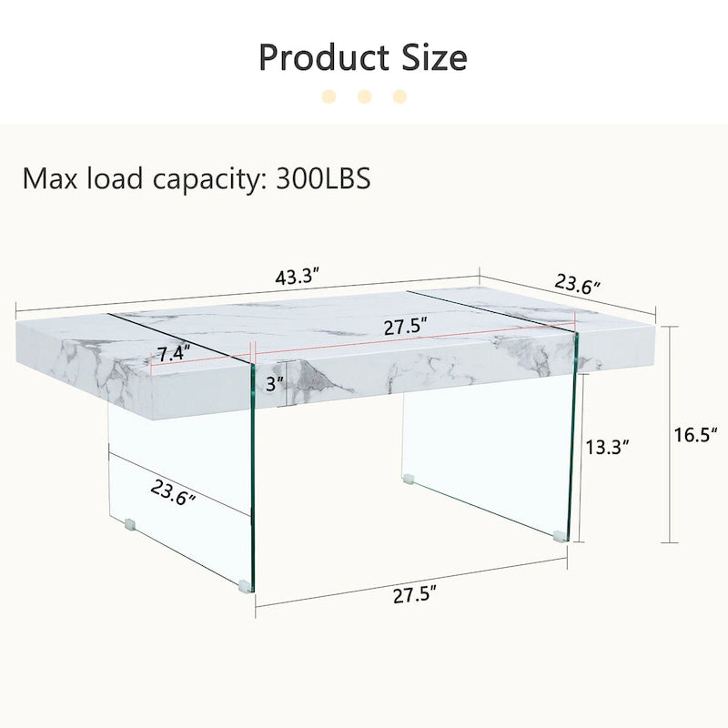 Table basse rectangulaire, blanc/bois/noir, pieds en verre trempé, plateau en MDF, 1 personne