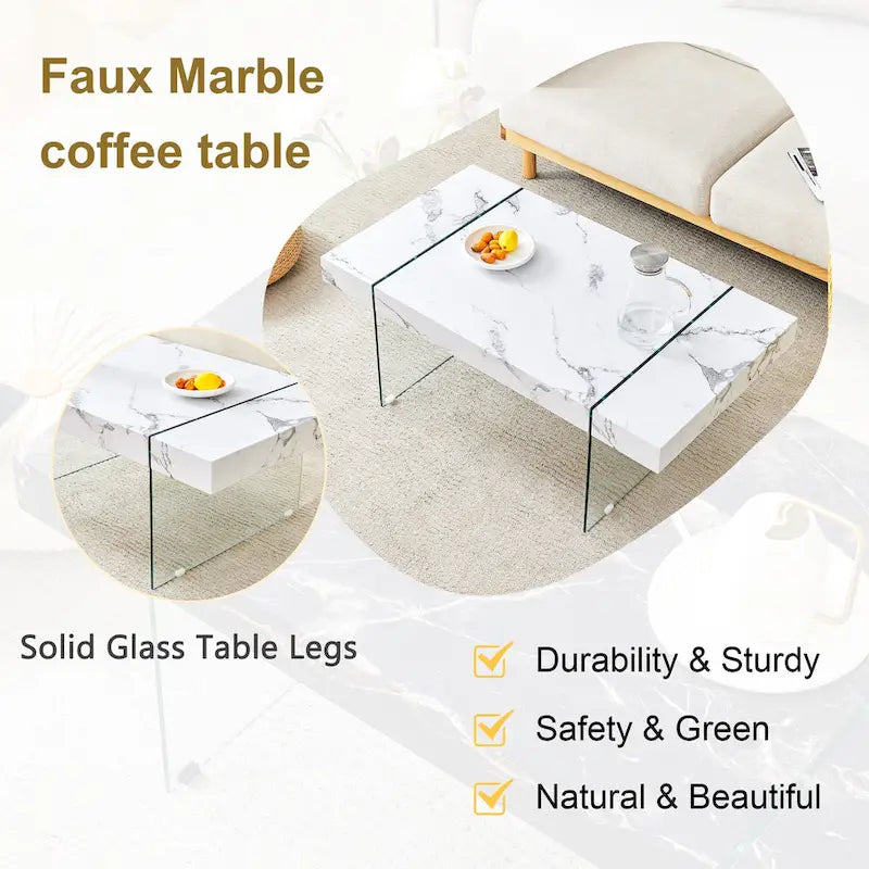 Table basse rectangulaire, blanc/bois/noir, pieds en verre trempé, plateau en MDF, 1 personne