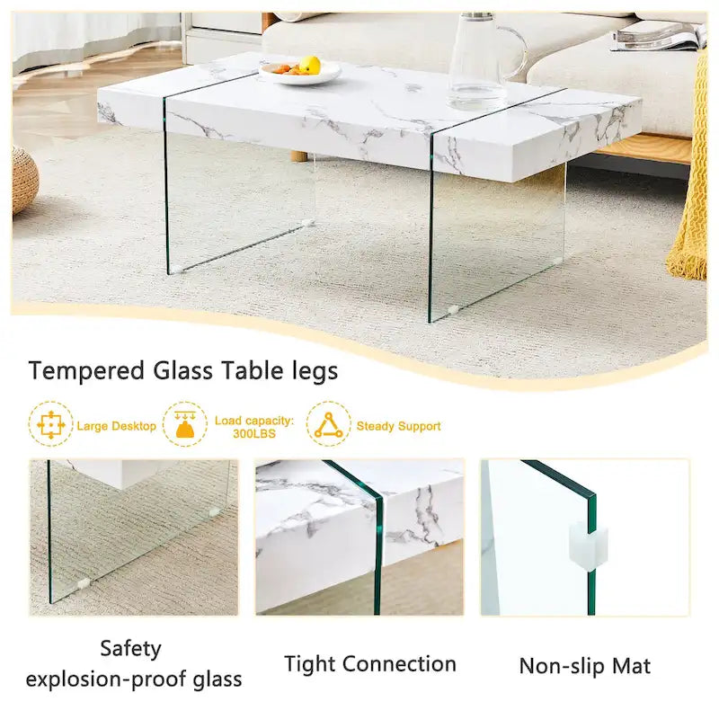 Table basse rectangulaire, blanc/bois/noir, pieds en verre trempé, plateau en MDF, 1 personne