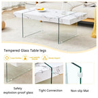 Table basse rectangulaire, blanc/bois/noir, pieds en verre trempé, plateau en MDF, 1 personne