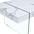 Table basse rectangulaire, blanc/bois/noir, pieds en verre trempé, plateau en MDF, 1 personne