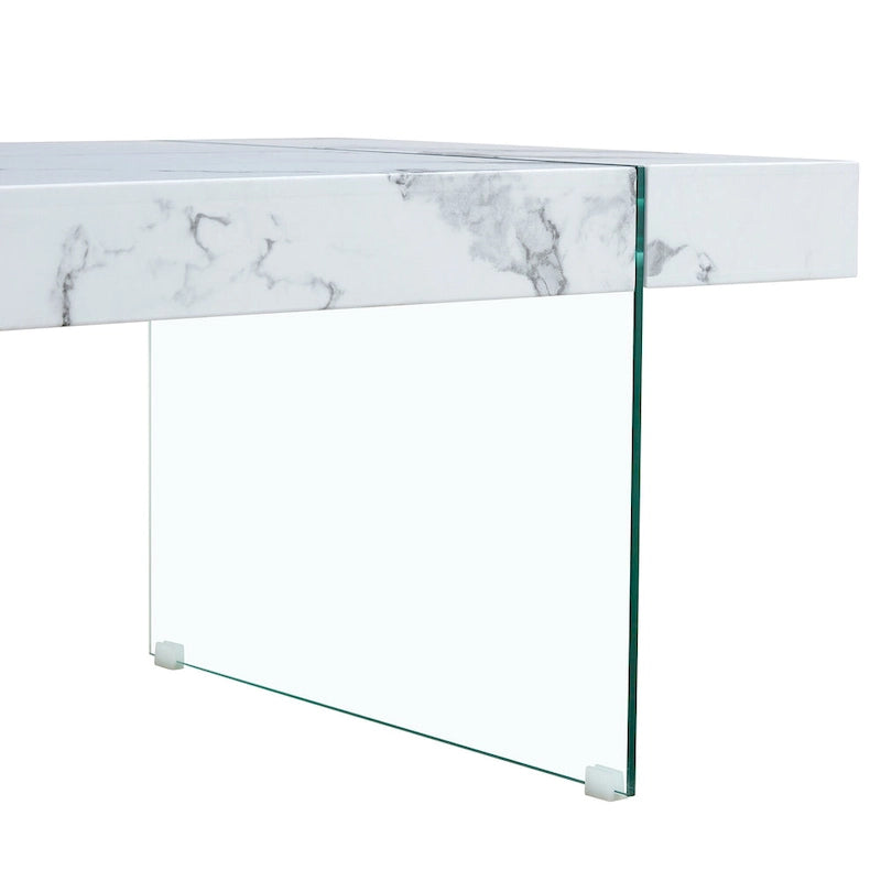 Table basse rectangulaire, blanc/bois/noir, pieds en verre trempé, plateau en MDF, 1 personne