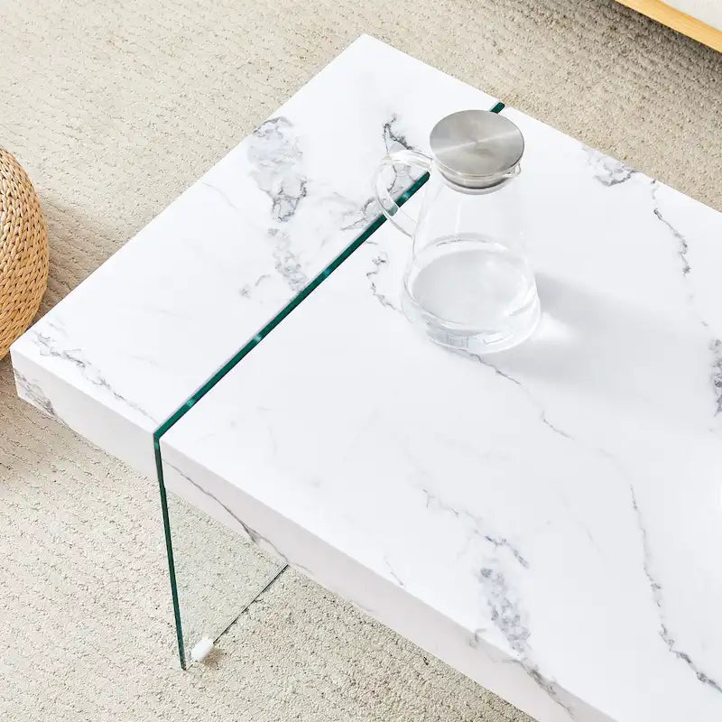 Table basse rectangulaire, blanc/bois/noir, pieds en verre trempé, plateau en MDF, 1 personne