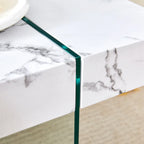 Table basse rectangulaire, blanc/bois/noir, pieds en verre trempé, plateau en MDF, 1 personne