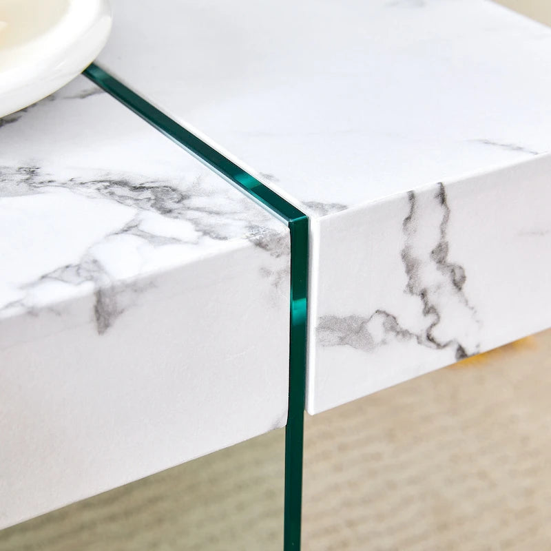 Table basse rectangulaire, blanc/bois/noir, pieds en verre trempé, plateau en MDF, 1 personne