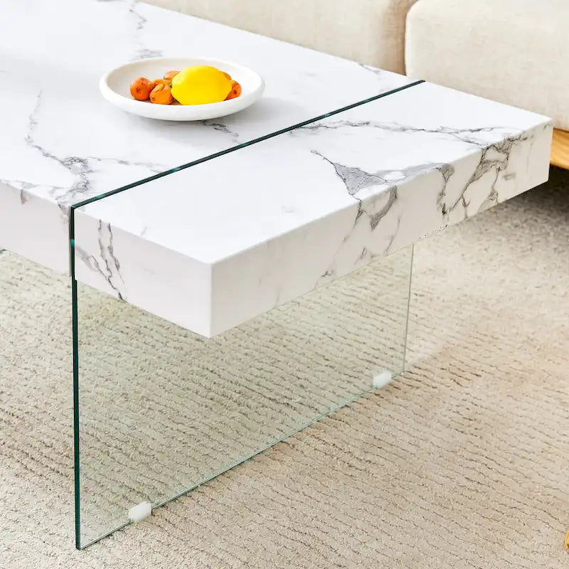 Table basse rectangulaire, blanc/bois/noir, pieds en verre trempé, plateau en MDF, 1 personne