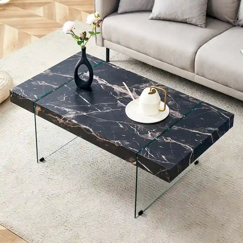 Table basse rectangulaire, blanc/bois/noir, pieds en verre trempé, plateau en MDF, 1 personne