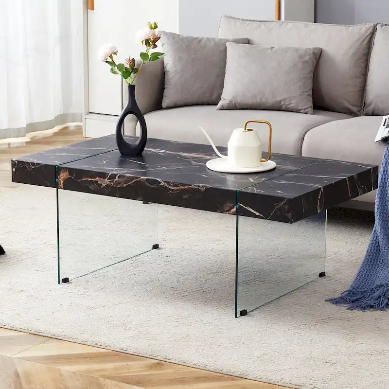 Table basse rectangulaire, blanc/bois/noir, pieds en verre trempé, plateau en MDF, 1 personne