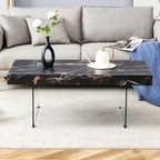 Table basse rectangulaire, blanc/bois/noir, pieds en verre trempé, plateau en MDF, 1 personne