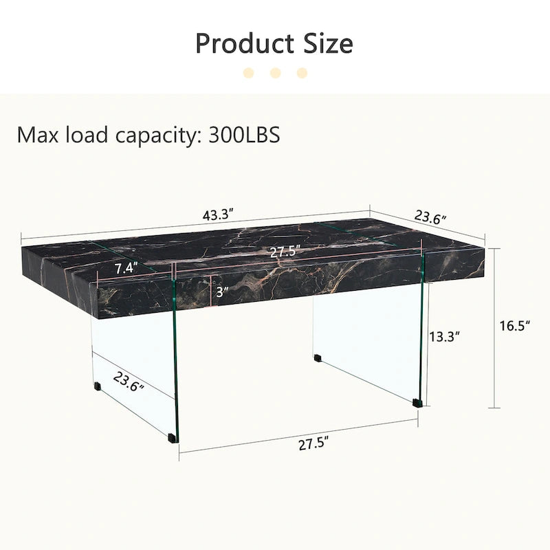 Table basse rectangulaire, blanc/bois/noir, pieds en verre trempé, plateau en MDF, 1 personne