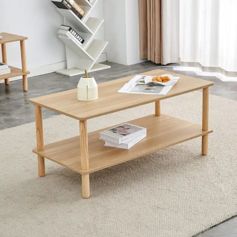 Table Basse à 2 Niveaux Burly Wood avec Pieds en Hévéa, 1–2 Places