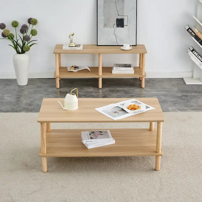 Table Basse à 2 Niveaux Burly Wood avec Pieds en Hévéa, 1–2 Places