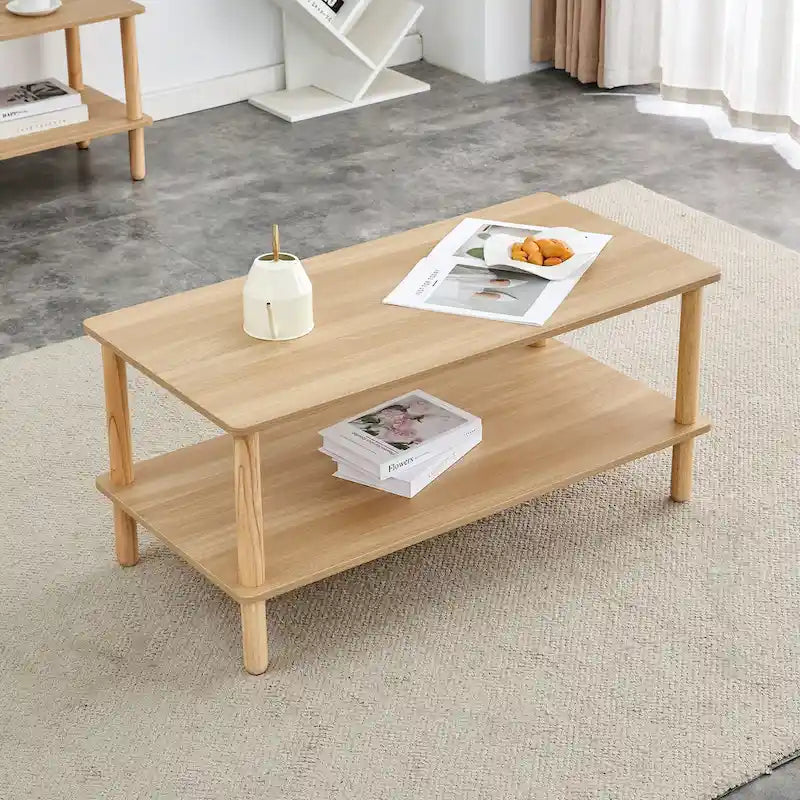 Table Basse à 2 Niveaux Burly Wood avec Pieds en Hévéa, 1–2 Places