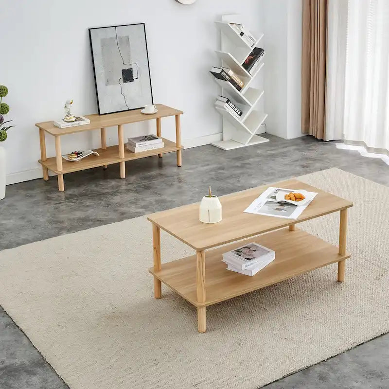 Table Basse à 2 Niveaux Burly Wood avec Pieds en Hévéa, 1–2 Places