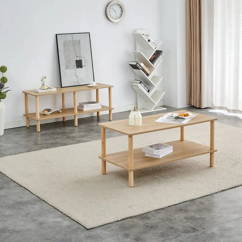 Table Basse à 2 Niveaux Burly Wood avec Pieds en Hévéa, 1–2 Places