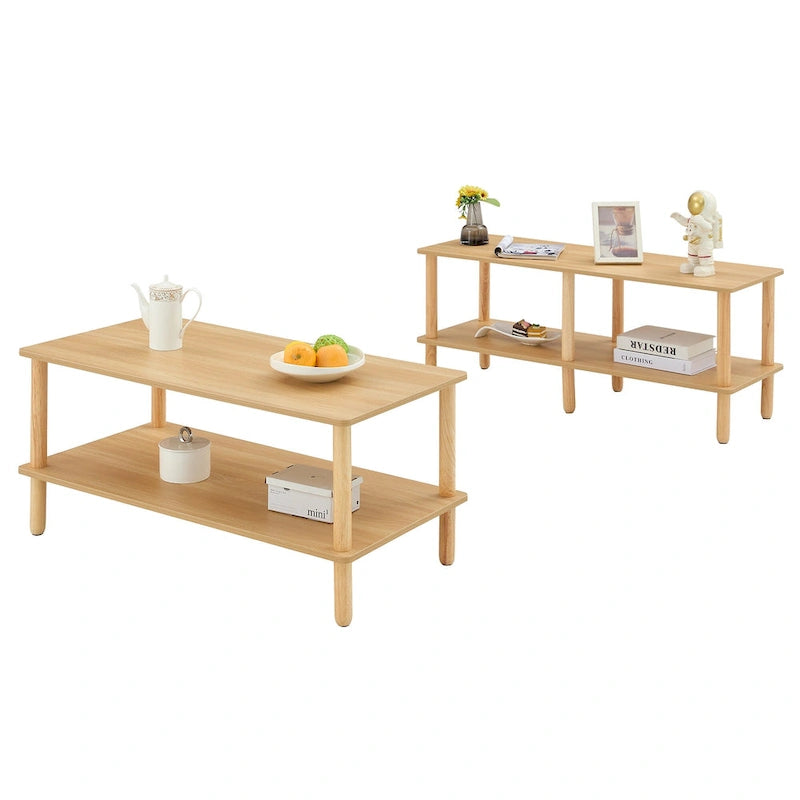 Table Basse à 2 Niveaux Burly Wood avec Pieds en Hévéa, 1–2 Places